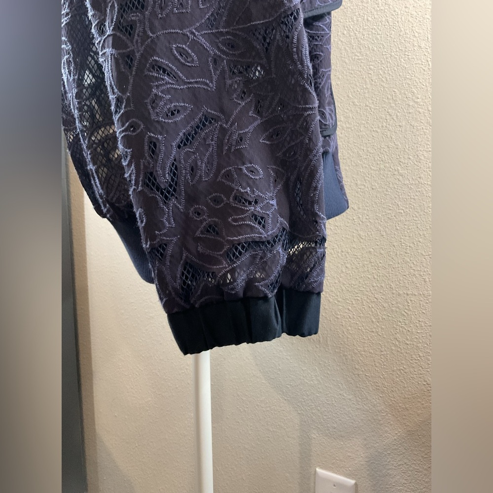 Anthropologie Elevenses Navy Blue Lace Bomber Jacket - Picture 12 of 16